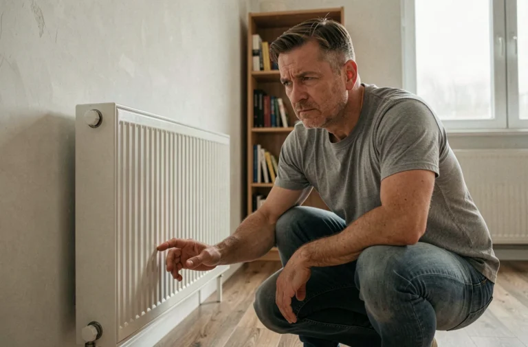 Homme adulte inspectant un radiateur mural avec une expression inquiète en raison d'une odeur suspecte dans le salon