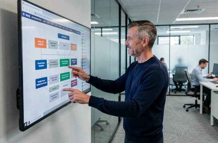 Homme naviguant une architecture de site web sur un écran tactile dans un bureau professionnel