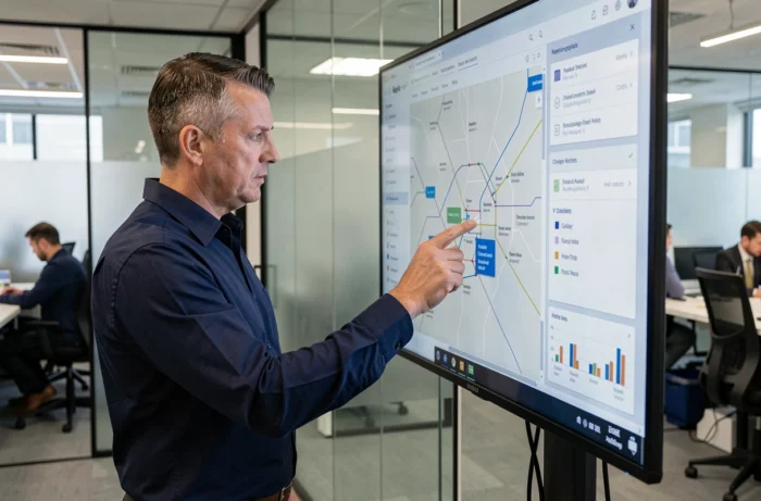Homme naviguant dans un plan de site numérique sur un écran tactile dans un bureau professionnel moderne