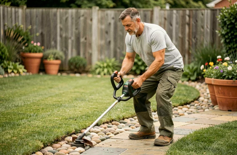 Homme utilisant un taille-bordure sans fil pour couper les bords d'une pelouse le long d'une allée en pierre dans un jardin entretenu
