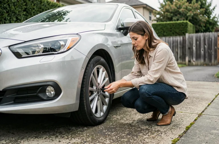 Femme inspectant le pneu de sa voiture dans une allée résidentielle, conseils entretien automobile