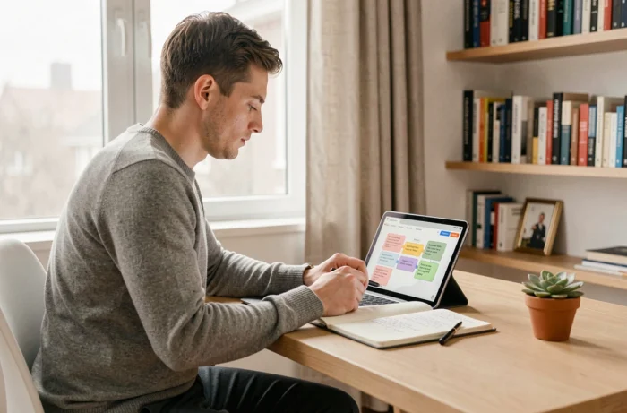 Jeune entrepreneur travaillant sur un business model canvas avec tablette et cahier dans un bureau à domicile épuré