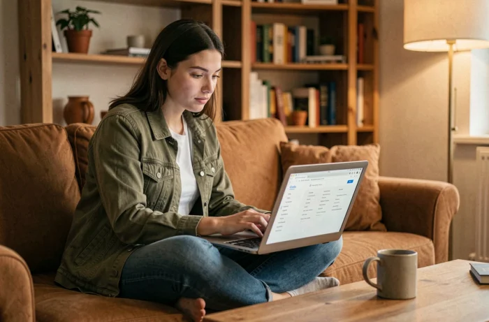 Jeune femme naviguant dans un menu de site web sur un ordinateur portable dans un salon chaleureux