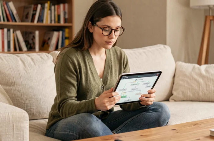 Jeune femme explorant un plan de site sur une tablette dans un salon cosy