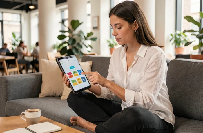 Jeune femme consultant un diagramme visuel de sitemap sur une tablette dans un espace de coworking
