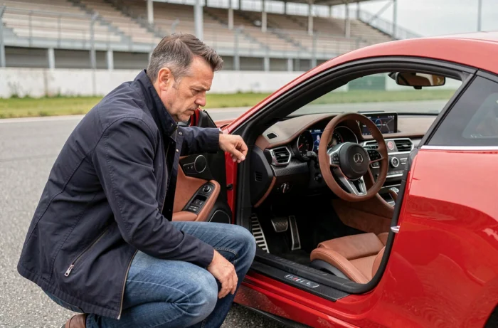 Journaliste automobile masculin dans la quarantaine accroupi près d'un coupé sport rouge sur une piste d'essai extérieure, examinant l'habitacle avec attention