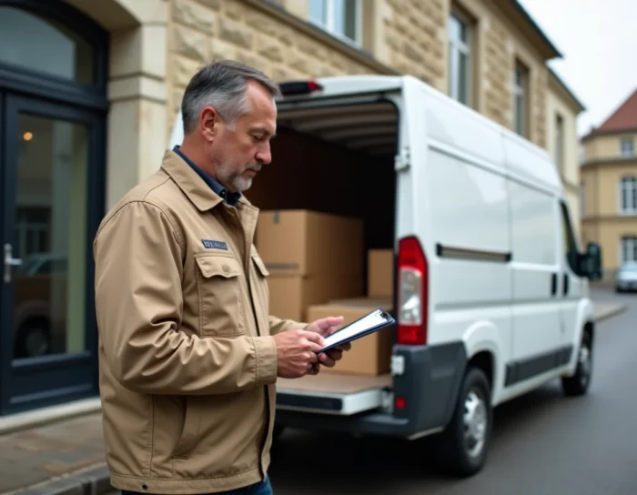 Livreur déchargeant des fournitures de bureau devant un bâtiment professionnel à Mayenne pour le distributeur Burolike