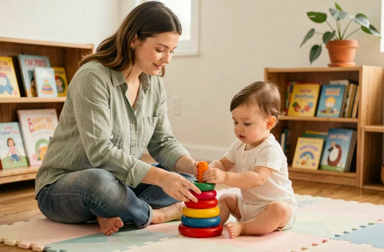 Assistante maternelle guidant un tout-petit dans un jeu d'éveil avec des anneaux colorés sur un tapis de jeu douillet à domicile