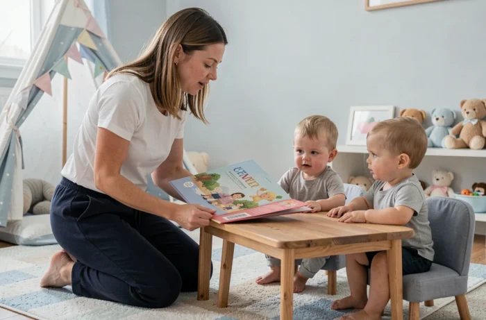 Assistante maternelle lisant un album illustré à deux tout-petits assis autour d'une table basse dans un coin lecture aménagé en MAM