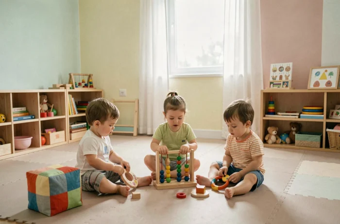 Trois tout-petits en crèche familiale explorant des jouets d'éveil sensoriels dans une salle de jeux colorée et organisée