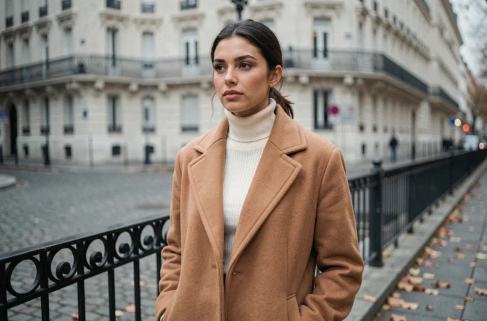 Mannequin parisienne en manteau camel sur une rue pavée parisienne en automne avec feuilles au sol