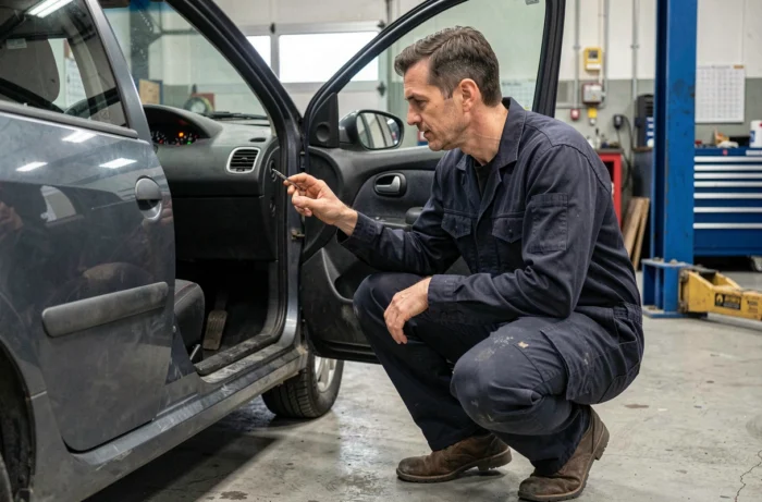 Mécanicien inspectant les voyants du tableau de bord d'une Peugeot 206 dans un garage automobile