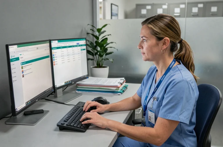 Agente administrative du CHU Montpellier accédant à sa messagerie Outlook sur un poste informatique hospitalier