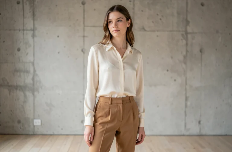 Portrait éditorial d'une mannequin française en blouse de soie crème dans un studio parisien au décor épuré