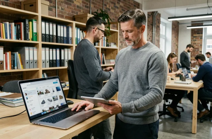 Professionnel masculin explorant un catalogue de ressources d'entreprise sur laptop et tablette dans un espace de coworking