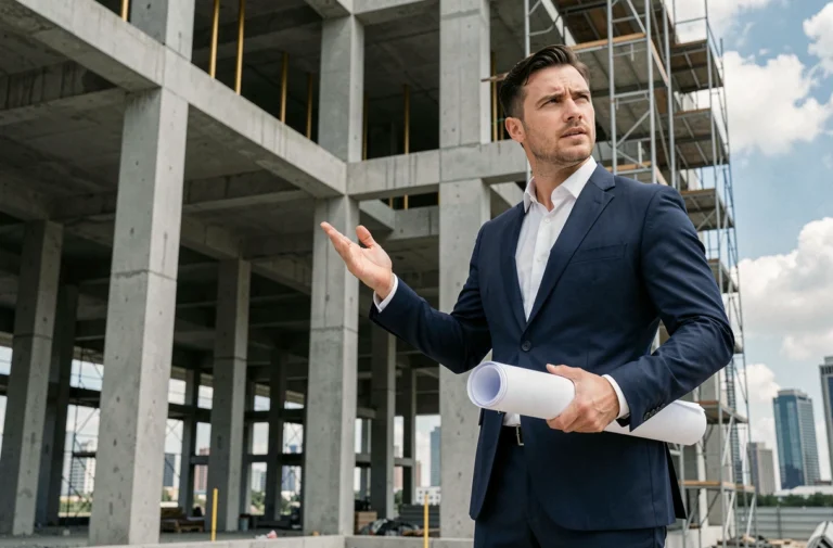 Jeune promoteur immobilier en costume devant un chantier de construction, tenant des plans architecturaux