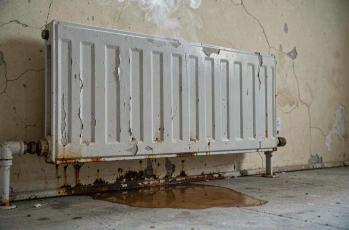 Radiateur ancien rouillé avec traces d'humidité et vapeur suspecte indiquant un dysfonctionnement potentiellement dangereux