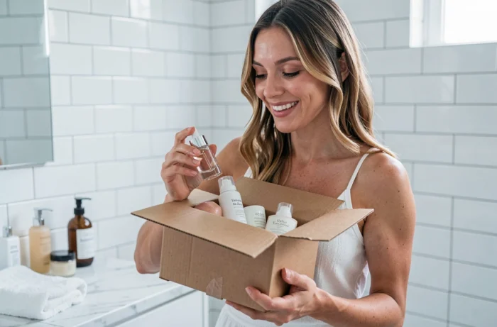 Jeune femme heureuse ouvrant un colis de produits de beauté commandés en ligne dans une salle de bain moderne aux carreaux blancs et plan de travail en marbre