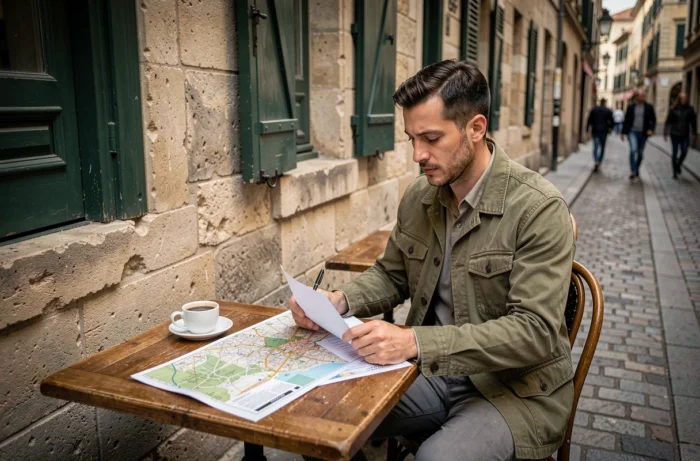 Homme étudiant un plan de Lyon et des documents immobiliers en terrasse dans le Vieux-Lyon