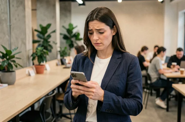 Femme cherchant la nouvelle adresse d'un site en ligne sur son smartphone dans un espace de coworking moderne