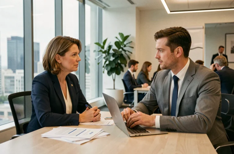 Réunion professionnelle entre une consultante et un dirigeant d'entreprise autour d'une table de conférence moderne pour choisir des services adaptés