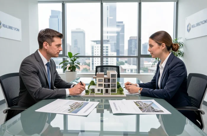 Deux professionnels de l'immobilier discutant d'un projet de promotion autour de maquettes et de documents dans un bureau moderne