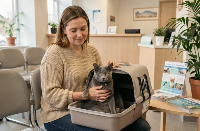 Femme attendant avec son chat dans une salle d'attente vétérinaire avant la stérilisation