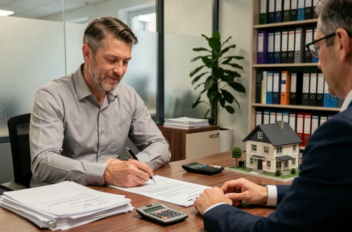 Homme signant les documents d'achat immobilier lors d'un rendez-vous bancaire