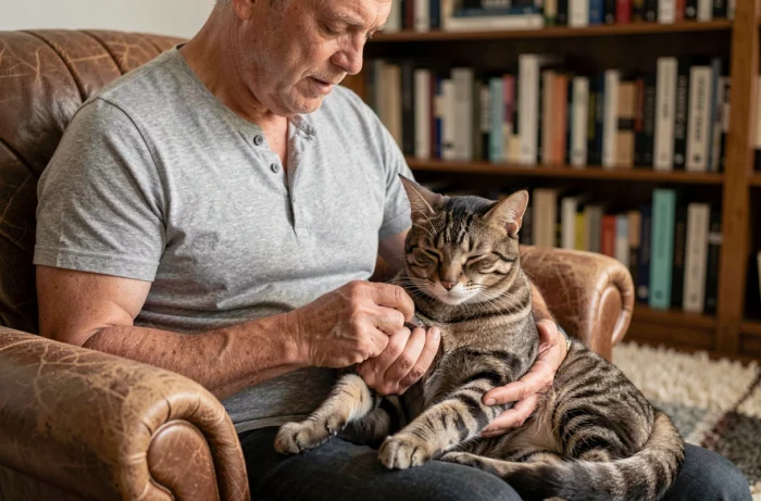 Homme d'âge moyen taillant les griffes d'un chat tigré calme sur ses genoux dans un salon cosy avec fauteuil en cuir et bibliothèque