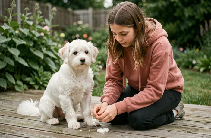 Adolescente appliquant un baume hydratant sur les coussinets d'un petit chien blanc sur une terrasse en bois entourée de verdure
