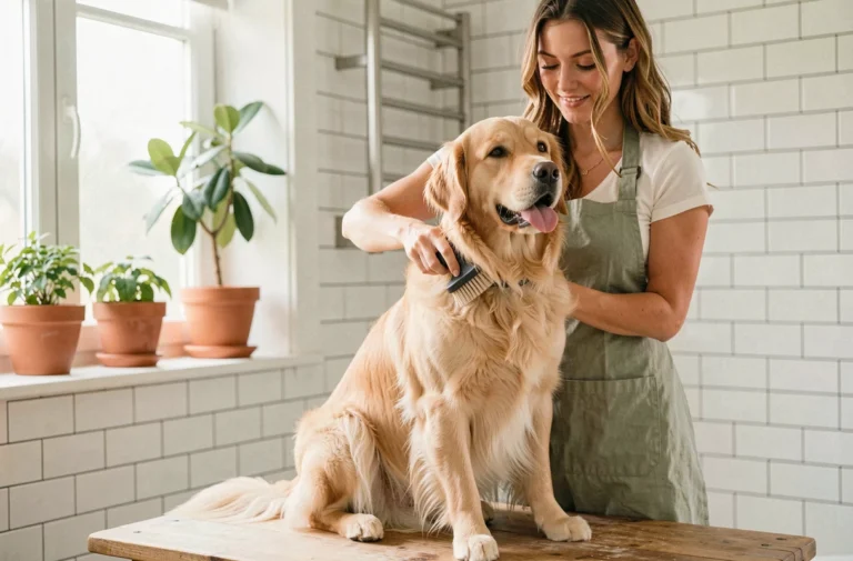 Jeune femme brossant un golden retriever sur une table de toilettage dans une salle de bain maison avec carrelage blanc et plantes naturelles