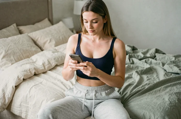 Femme assise sur un lit portant un soutien-gorge bleu marine en tricot dans un intérieur cosy et naturel