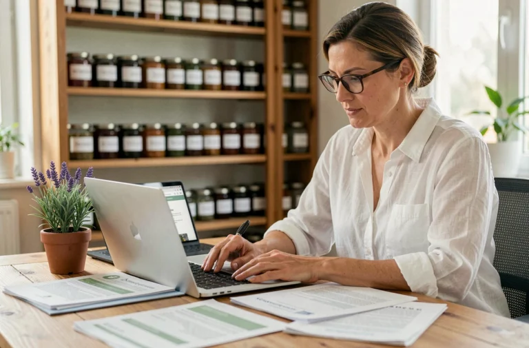 Femme herboriste consultant des documents juridiques pour la vente légale de plantes médicinales en France
