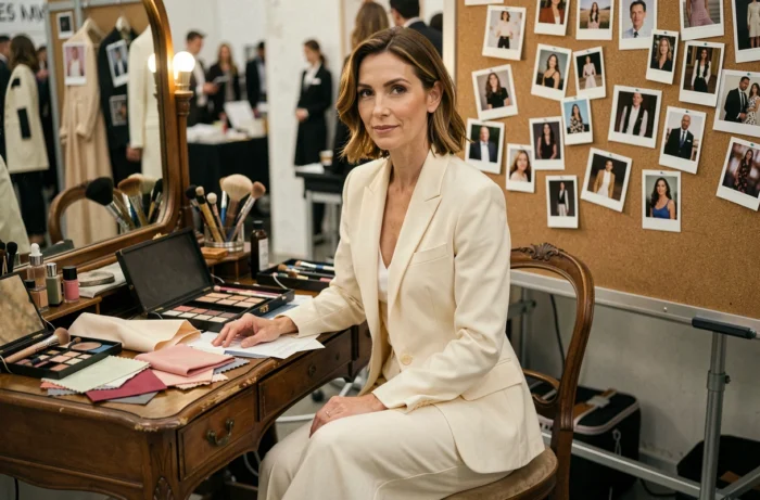 Supermodel légendaire en coulisses pendant la Fashion Week, assise devant une coiffeuse entourée d'accessoires de mode