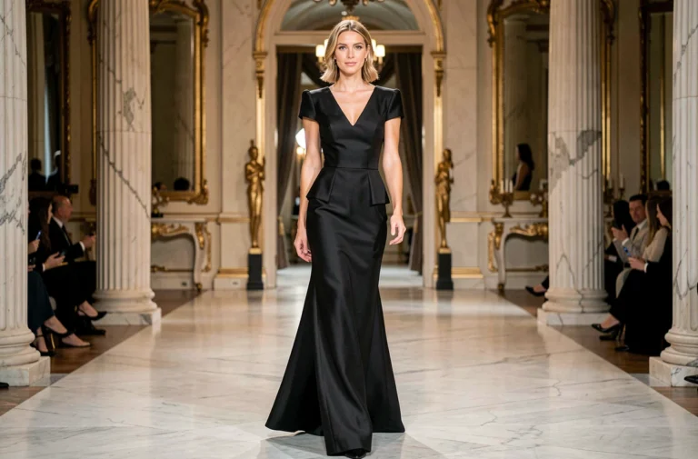 Mannequin emblématique marchant sur un podium dans une maison de couture parisienne, robe noire structurée haute couture