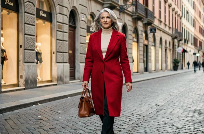 Supermodel légendaire marchant dans les rues pavées de Milan, manteau rouge structuré, allure élégante et naturelle