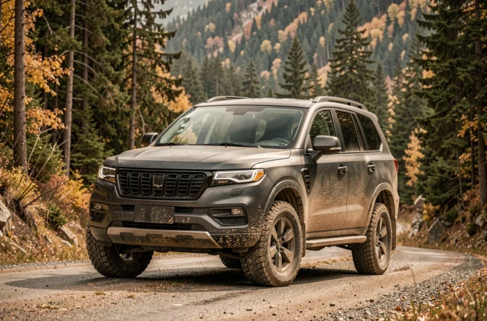 SUV robuste gris foncé garé sur une route de montagne sinueuse entourée de forêt de pins en automne, vue grand angle depuis le niveau du pare-chocs