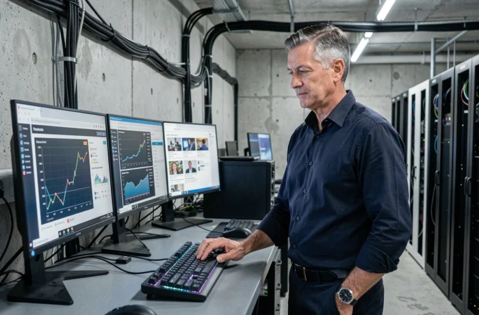 Technicien informatique debout devant plusieurs écrans affichant des tableaux de bord et des actualités numériques dans un bureau professionnel