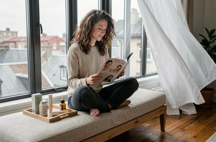 Jeune femme aux cheveux naturels feuilletant un magazine beauté sur un banc en lin près d'une fenêtre, entourée de produits skincare tendance en flacons soignés