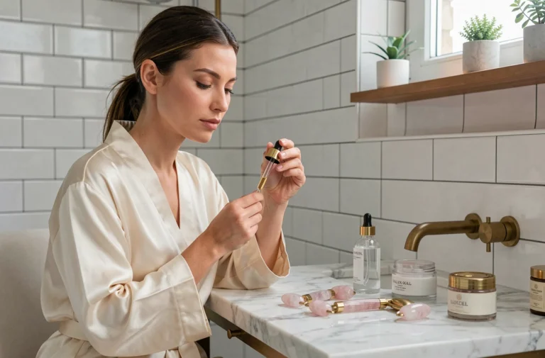 Femme appliquant un sérum visage devant une coiffeuse en marbre dans une salle de bain parisienne minimaliste, entourée de produits de beauté haut de gamme