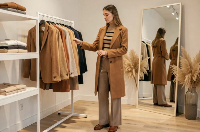 Jeune femme élégante explorant les tendances mode dans une boutique parisienne minimaliste, portant un manteau camel et un pantalon taille haute