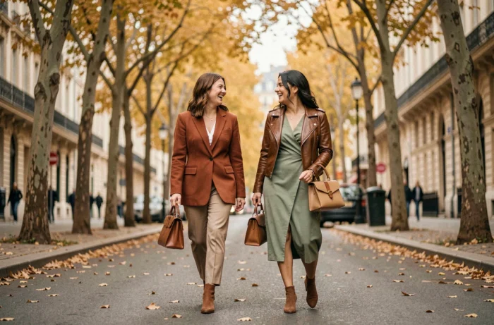 Deux femmes élégantes marchant dans une avenue parisienne en automne, arborant des tenues tendance avec blazer rouille et robe midi verte, illustrant les dernières tendances mode