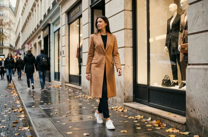 Femme élégante marchant dans une rue commerçante urbaine en automne, illustrant l'évolution des tendances vestimentaires dans la vie quotidienne