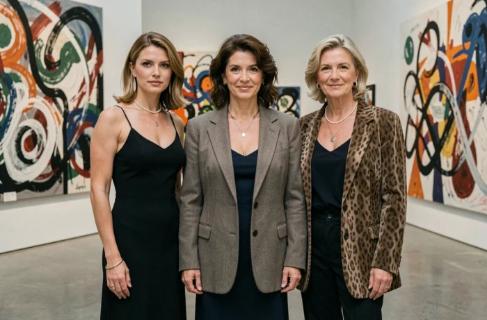 Trio de supermodels iconiques des années 90 réunies dans un musée d'art moderne, tenues élégantes et attitudes assurées