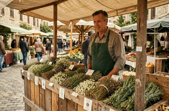 Vendeur de plantes médicinales séchées sur un marché artisanal en France avec étiquettes réglementaires