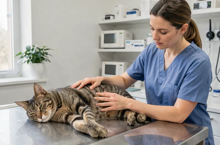 Vétérinaire examinant un chat sur une table de consultation avant une stérilisation