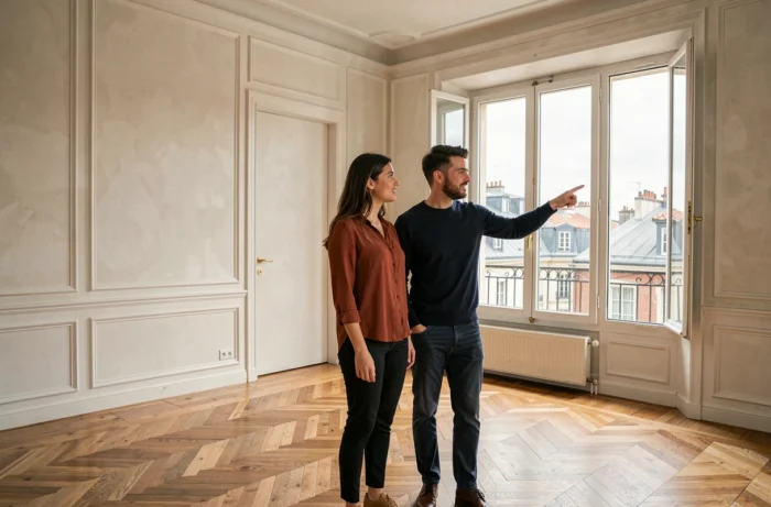 Couple visitant un appartement vide avec vue sur les toits de Lyon lors d'une visite immobilière