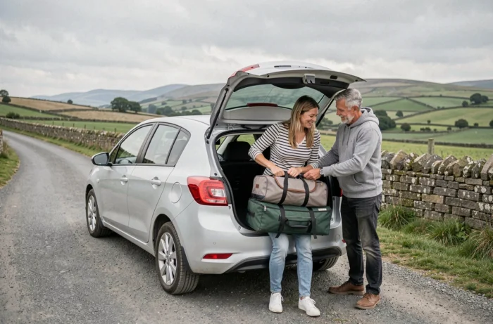 Couple chargeant des bagages dans le coffre d'une voiture sur une route de campagne, voyage en automobile