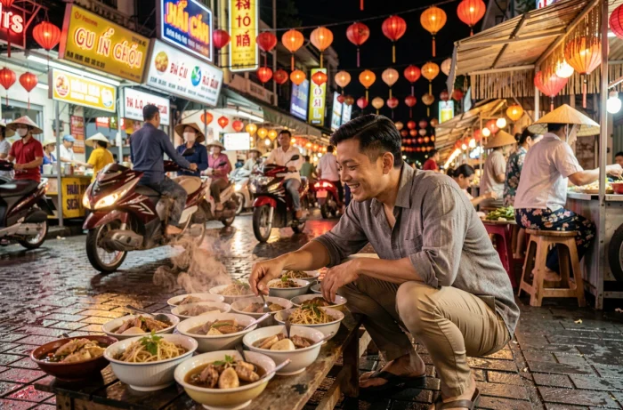 Voyageur explorant un marché nocturne animé à Hanoï au Vietnam parmi les plats de street food traditionnels