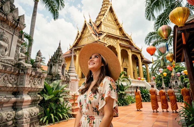 Voyageuse devant un temple bouddhiste doré à Bangkok en Thaïlande, destination asiatique incontournable